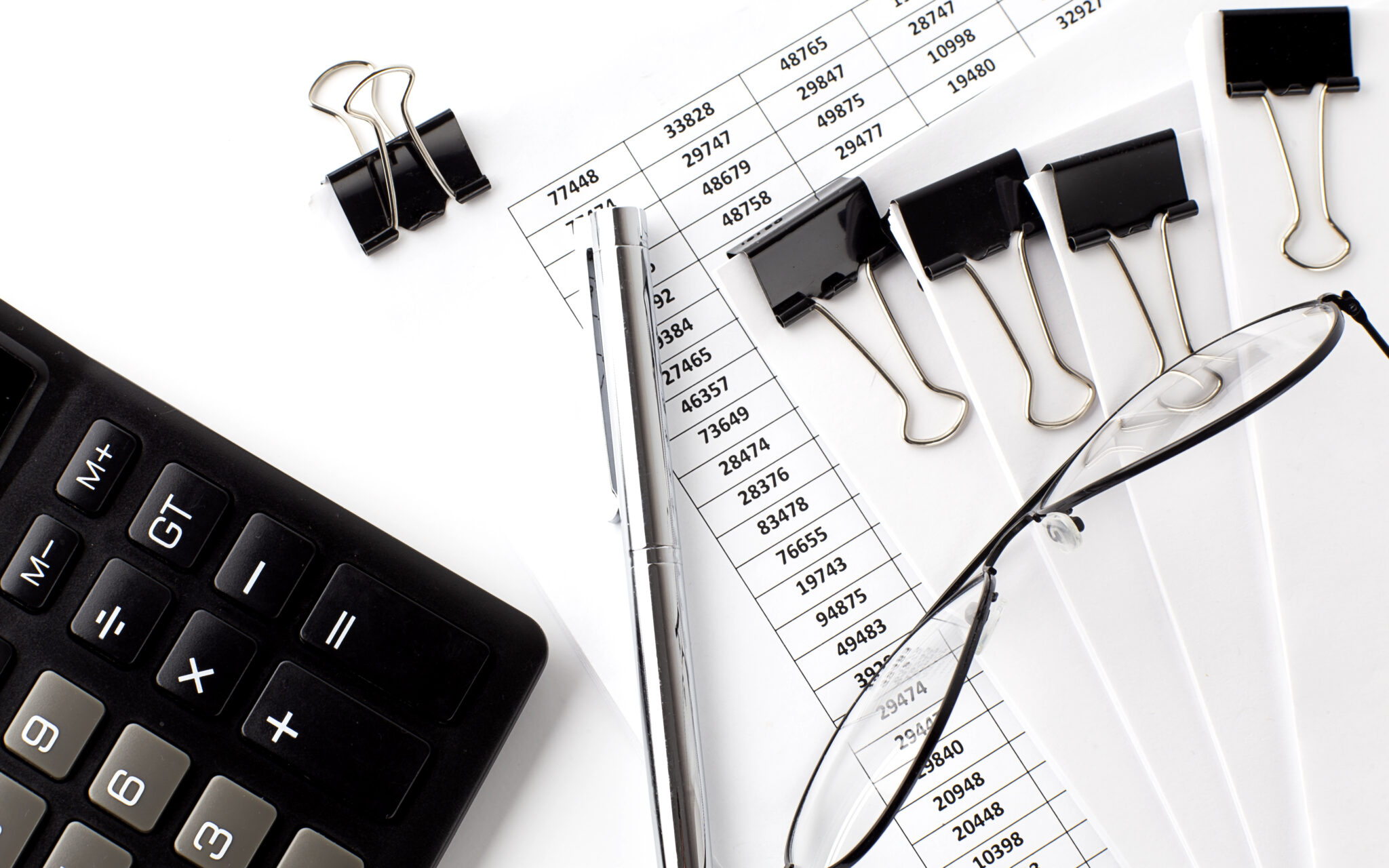 Charts and papers with calculator and glasses. Business